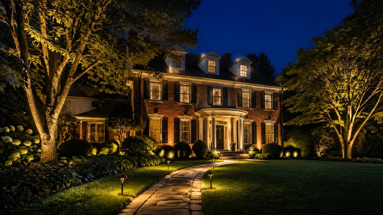 Twilight view of an upscale Cincinnati home illuminated with warm amber landscape lighting