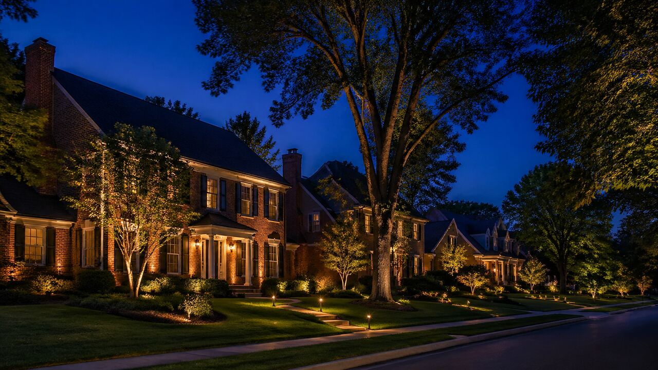 A tree-lined upscale Cincinnati street at twilight with several homes illuminated by professional outdoor landscape lighting