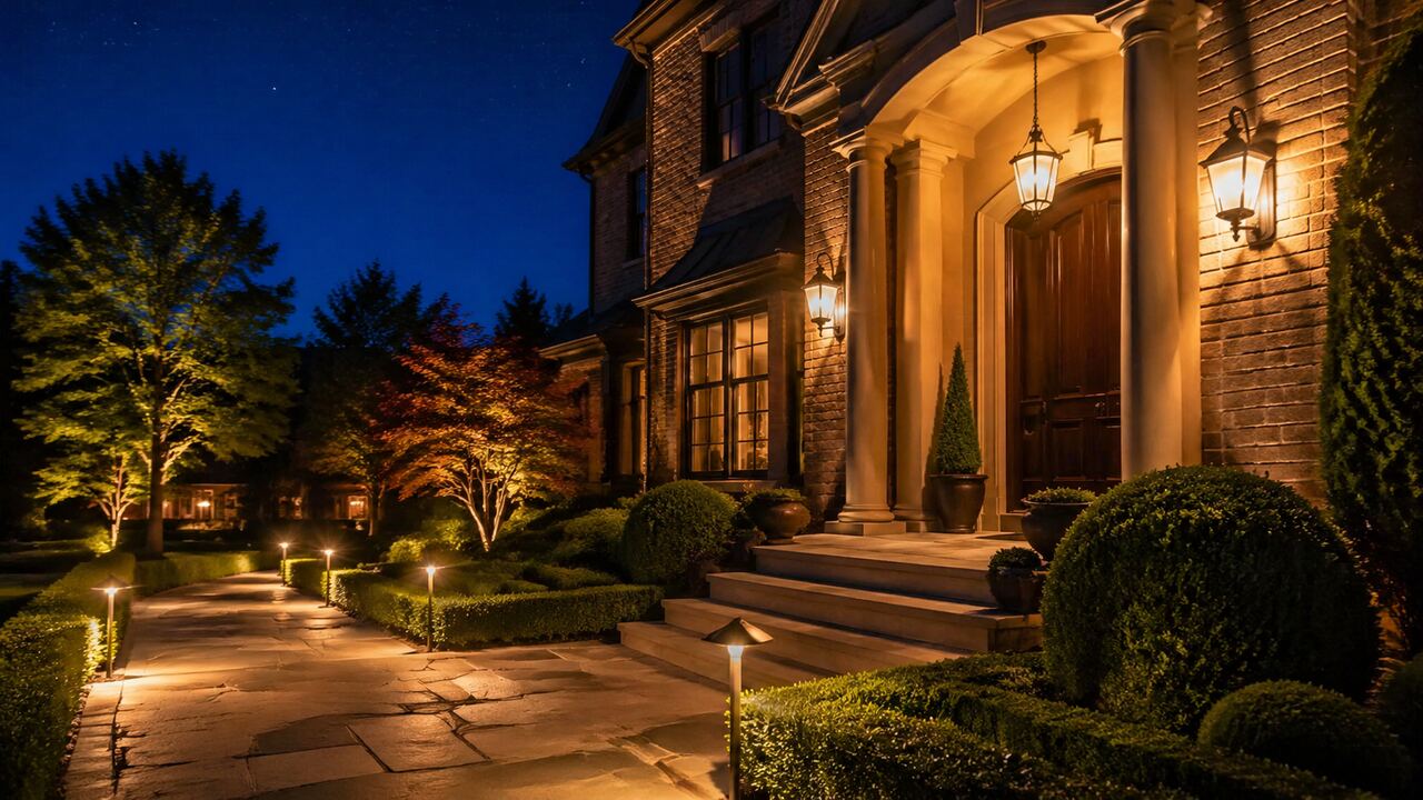 Welcoming front entrance of an upscale Cincinnati home at twilight, illuminated by warm amber porch and path lighting