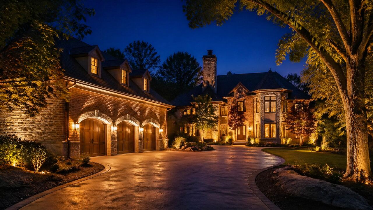 A long curved driveway and side yard of an upscale Cincinnati estate at twilight, illuminated tastefully with warm-amber floodlighting