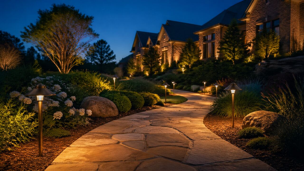 A curved stone walkway at twilight, lined with elegant brass path lights casting soft warm pools of amber light onto natural flagstone, leading toward an upscale brick home