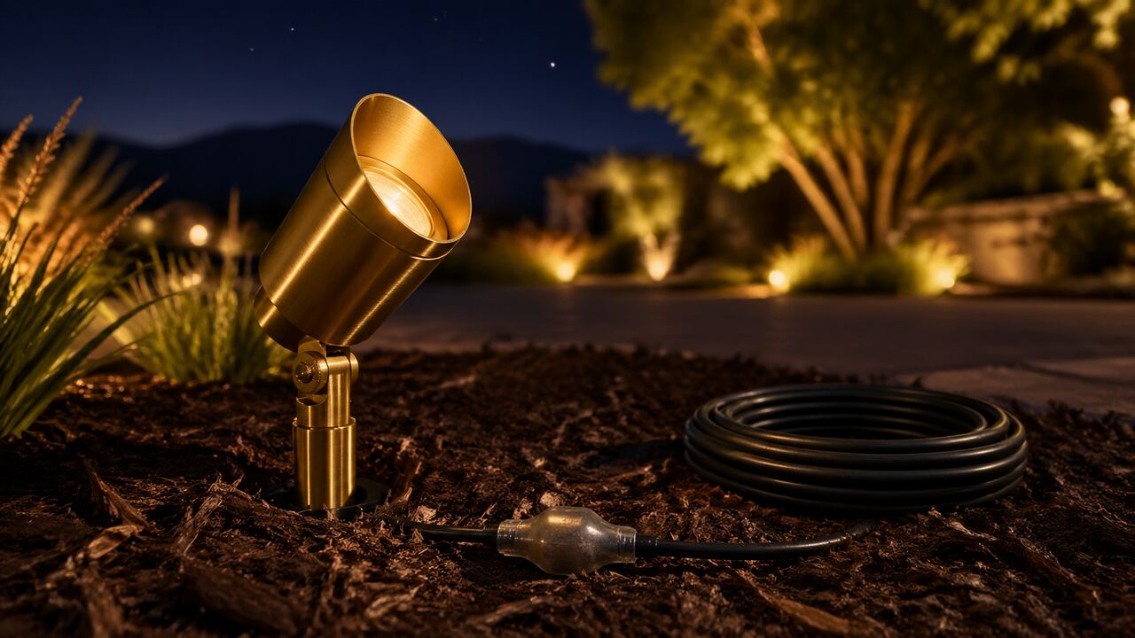 Close-up of a premium brass landscape lighting fixture being installed at twilight, with low-voltage cable and silicone-filled splice in the foreground