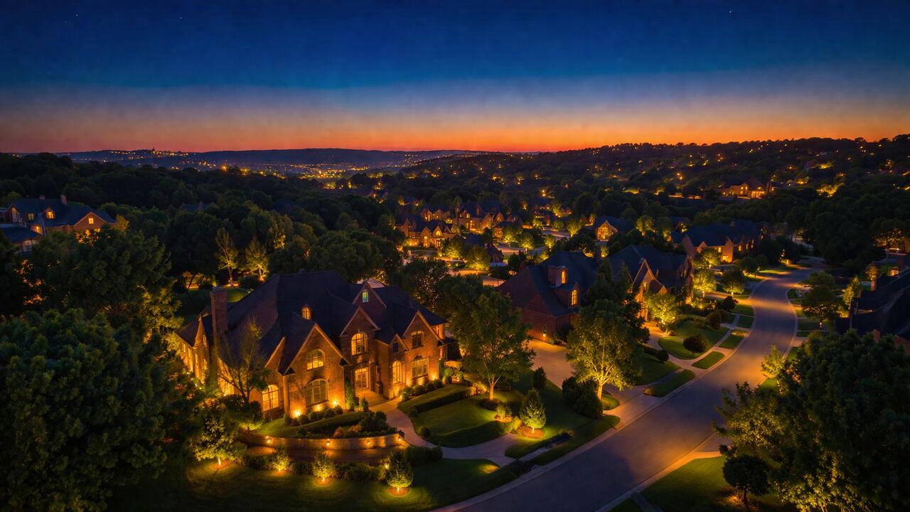 Twilight overhead view of an upscale Greater Cincinnati neighborhood with multiple homes illuminated by warm-amber landscape lighting