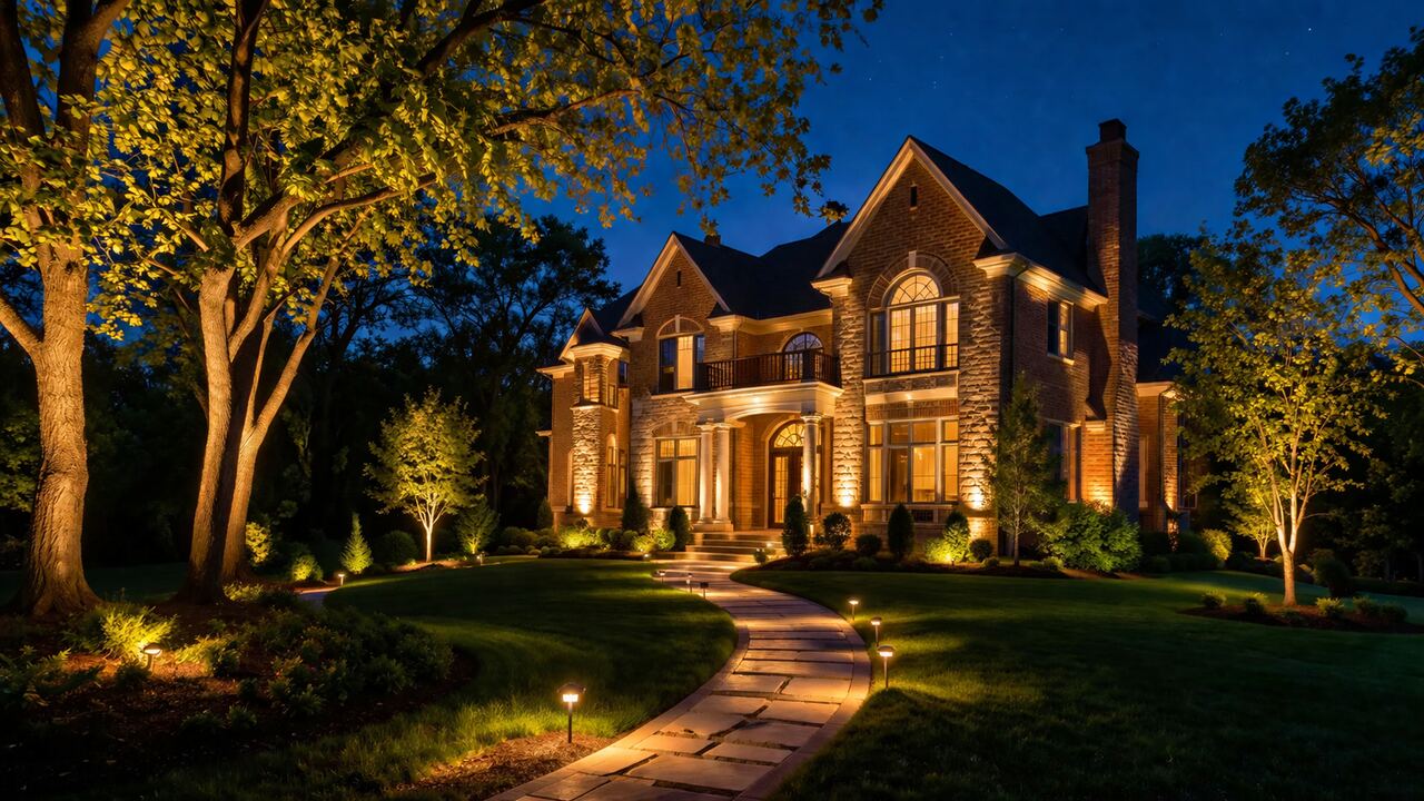 Upscale Cincinnati estate at twilight illuminated by a complete layered outdoor lighting system: architectural uplighting, path lights, and tree lighting
