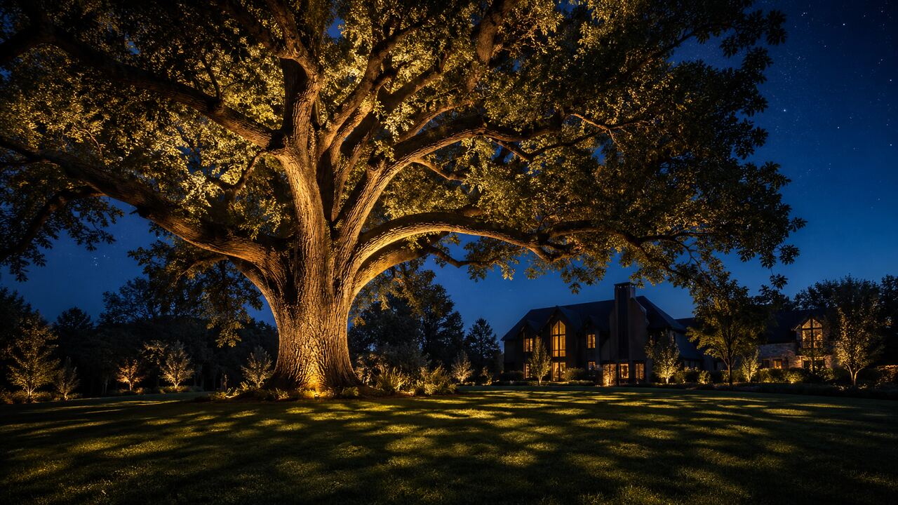 Massive mature oak tree at twilight, dramatically uplit from the base with warm-amber landscape lighting revealing its full canopy structure