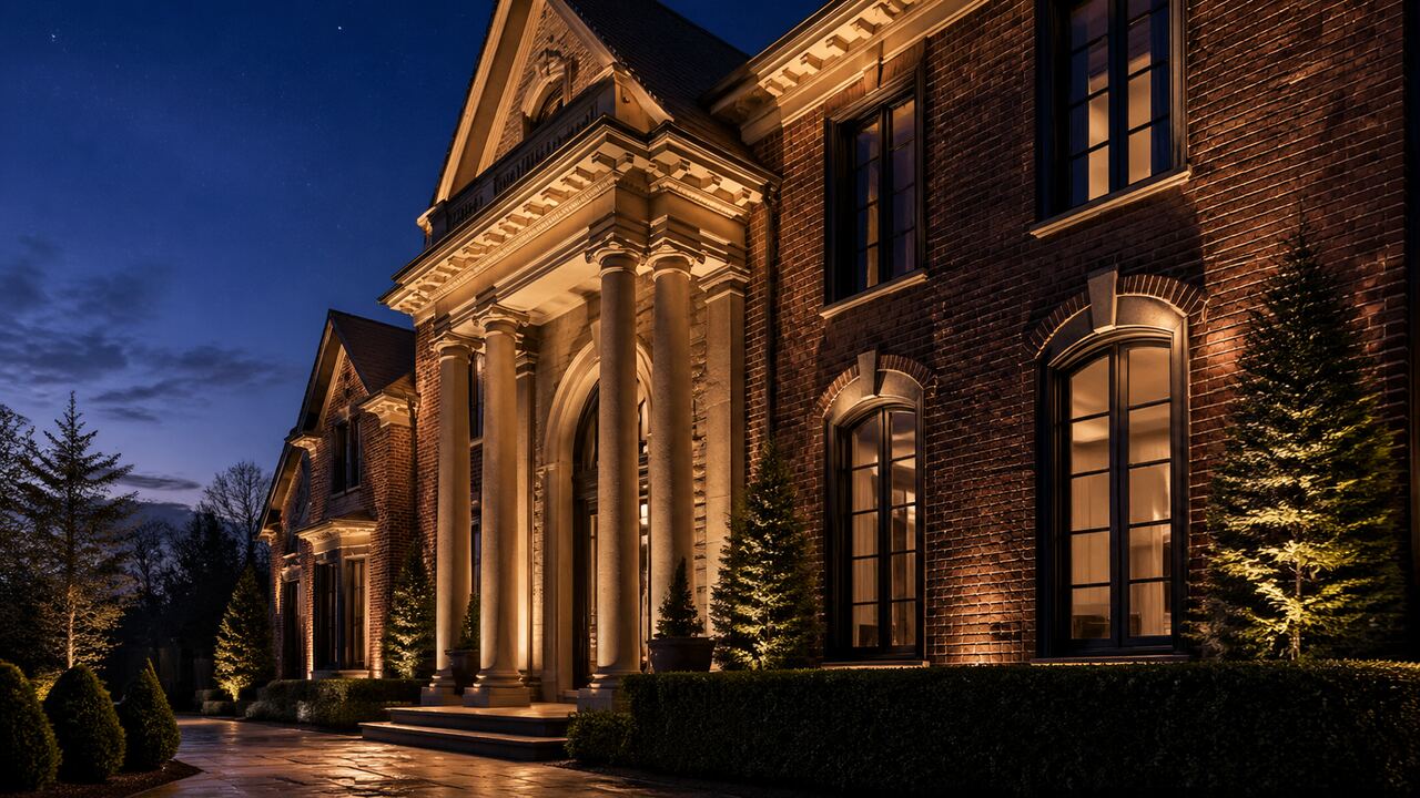 Upscale Cincinnati brick and limestone home facade at twilight, illuminated by warm-amber architectural uplighting revealing column depth and brick texture